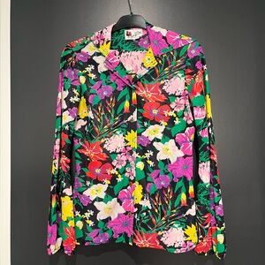 Vintage Vibrant Floral Women's Button Up Mesh Shirt with Hood multicolor
